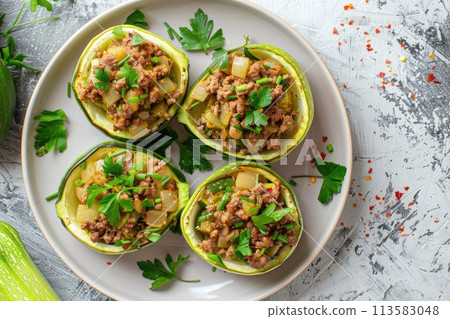 Savory stuffed zucchini boats on a dark plate with fresh parsley garnish 113583048