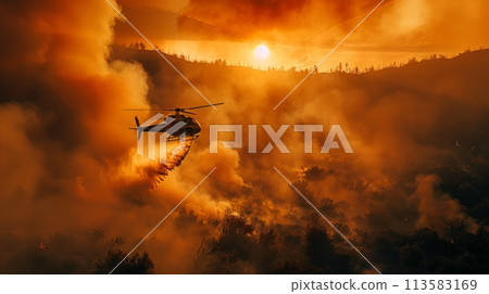 Helicopter fights forest fire, dropping water from hose as smoke billows into sky. 113583169