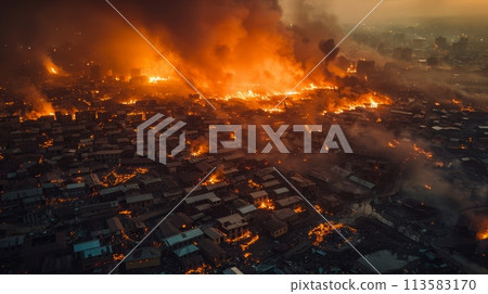 Devastating fire engulfs once-thriving city, charring buildings and spewing thick smoke that billows into ash-filled sky. 113583170