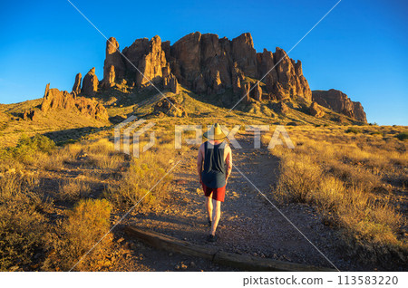 Hiker walks towards Superstition Mountains in Lost Dutchman State Park, Arizona 113583220