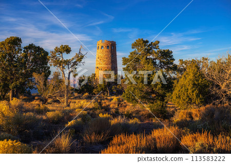 Desert View Watchtower at Grand Canyon South Rim during sunset in Arizona, USA Desert View Watchtower at Grand Canyon South Rim during sunset in Arizona, USA 113583222