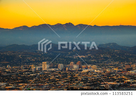 Sunset above downtown Glendale and San Gabriel Mountains in California Sunset above downtown Glendale and San Gabriel Mountains in California 113583251