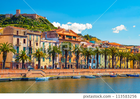 Picturesque view of Bosa town along Temo River in Sardinia, Italy 113583256