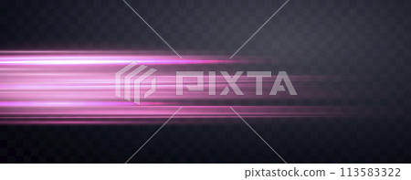 Speed rays, velocity light neon flow, zoom in motion effect, pink glow speed lines, colorful light trails, stripes. Abstract background, vector illustration. 113583322