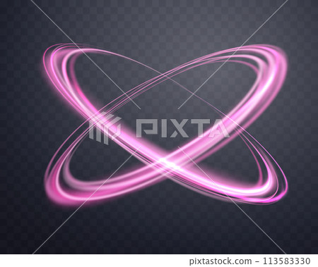 Glowing pink magic rings. Dynamic orbital flare halo ring. Neon realistic energy swoosh swirl. Abstract light effect on a dark transparent background. Vector illustration. 113583330