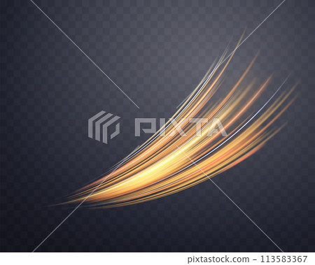 Glowing orange lines. Neon realistic energy speed. Abstract light effect on a dark transparent background. Vector illustration. Glowing orange lines. Neon realistic energy speed. Abstract light effect on a dark transparent background. Vector illustration. 113583367