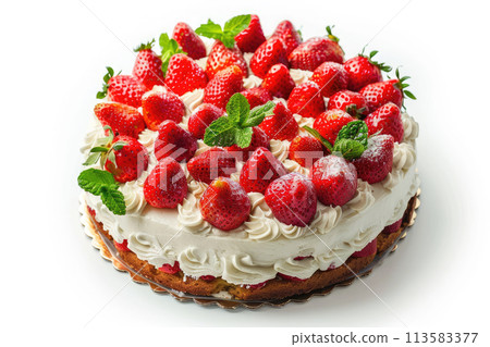 Tasty cake with fresh strawberries,cream and mint isolated on white background 113583377