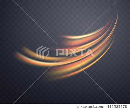 Glowing orange lines. Neon realistic energy speed. Abstract light effect on a dark transparent background. Vector illustration. 113583378