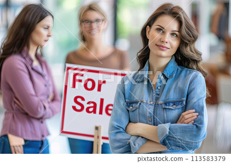 Professional Real Estate Agent with a for sale sign in the background 113583379