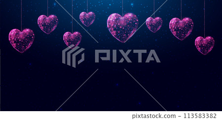 Hanging pink hearts. Saint Valentines day concept with glowing low poly hearts. Futuristic modern abstract. Isolated on dark blue background. Vector illustration. Hanging pink hearts. Saint Valentines day concept with glowing low poly hearts. Futuristic modern abstract. Isolated on dark blue background. Vector illustration. 113583382