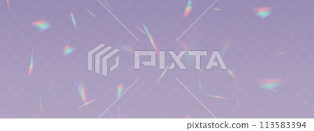Blurred rainbow refraction overlay effect. Light lens prism effect on transparent background. Holographic reflection, crystal flare leak shadow overlay. Vector abstract illustration. 113583394