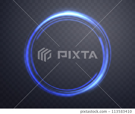 Blue magic ring with glowing. Neon realistic energy flare halo ring. Abstract light effect on a dark transparent background. Vector illustration. 113583410