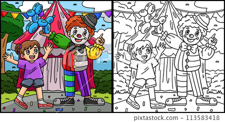 Circus Child and Clown Coloring Page Illustration 113583418