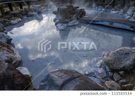 Oniishi bozu jigoku is landmark in beppu,Japan. the gray mud pool 113583534