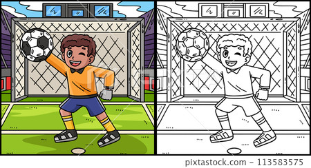 Soccer Boy Goalkeeper Coloring Page Illustration 113583575