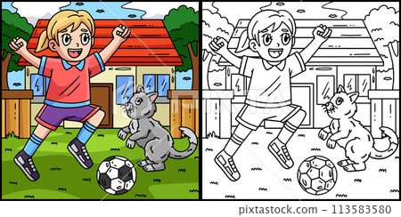 Girl and Cat Playing Soccer Coloring Illustration 113583580