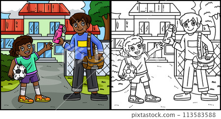 Soccer Girl with Parent Coloring Illustration 113583588