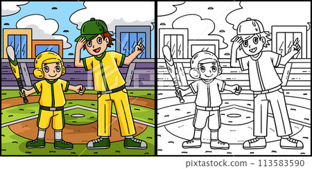 Baseball Boy and Coach Coloring Page Illustration 113583590