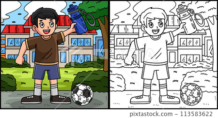 Soccer Boy with Water Bottle Coloring Illustration Soccer Boy with Water Bottle Coloring Illustration 113583622