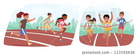 Children Characters Dash Across The Stadium Track, Their Laughter Echoing As They Race Towards The Finish Line 113583636