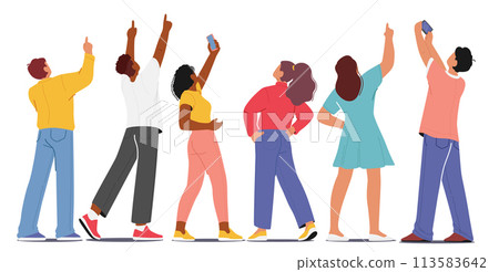 Back View of Male and Female Characters Stand In Various Poses, Their Fingers Extended Upwards, Directing Attention Back View of Male and Female Characters Stand In Various Poses, Their Fingers Extended Upwards, Directing Attention 113583642