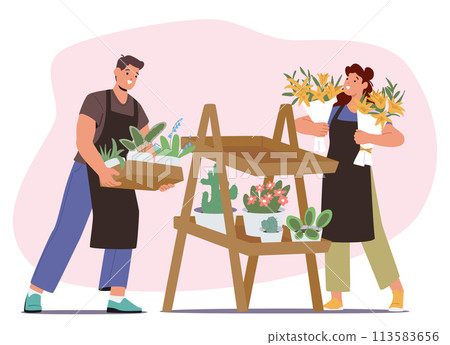 Florist Characters Create And Arrange Floral Designs For Various Occasions And Celebrations, Vector Illustration 113583656