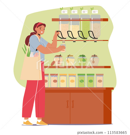 Woman Character With An Eco Bag Purchases Sustainable Products In The Market Store, Buying Cereals, Vector Illustration 113583665