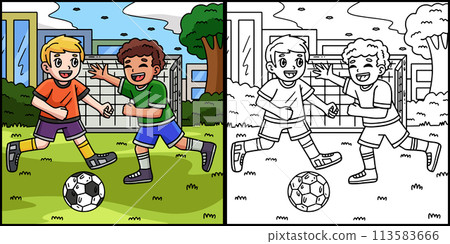 Kids Playing Soccer Coloring Colored Illustration 113583666