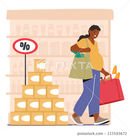 Pregnant Woman Character Navigates The Aisles, Carefully Selecting Nutritious Foods For Herself And Her Baby 113583672
