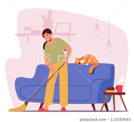 Expectant Mother Character Gently Mops The Floor, Her Movements Careful Yet Graceful, A Serene Dedication To Cleanliness Expectant Mother Character Gently Mops The Floor, Her Movements Careful Yet Graceful, A Serene Dedication To Cleanliness 113583683