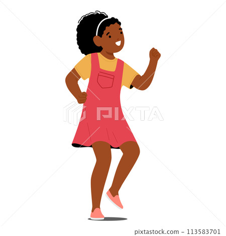 Young Black Girl In Red Sundress Dashes Swiftly, Her Curls Bouncing Joyfully As Her Feet Patter Against The Ground 113583701