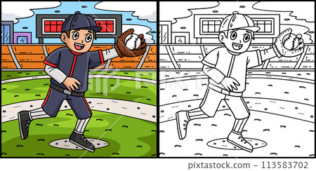 Boy Catching Baseball Coloring Page Illustration 113583702