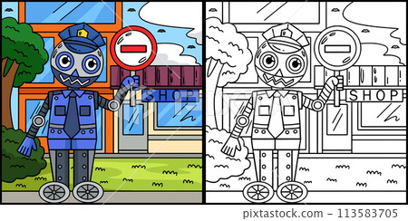 Security Guard Robot Coloring Page Illustration 113583705