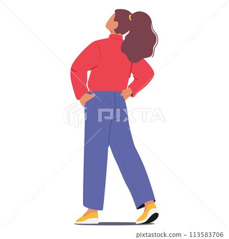 Curious Character Looking Upward Rear View. Woman Gazes Skyward, with Arms Akimbo, Neck Craned, Vector Illustration 113583706