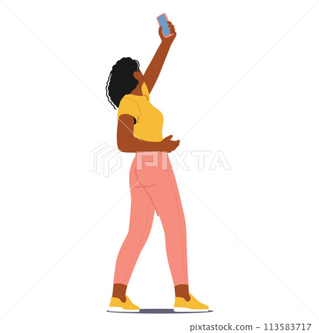 Female Character Photographing on Mobile, Rear View. Woman Holding Smartphone, Gazes Upward While Capturing A Photo 113583717
