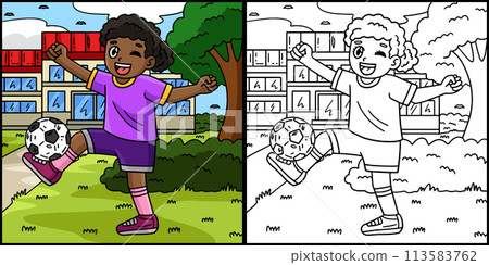 Girl with Soccer Ball Foot Coloring Illustration Girl with Soccer Ball Foot Coloring Illustration 113583762