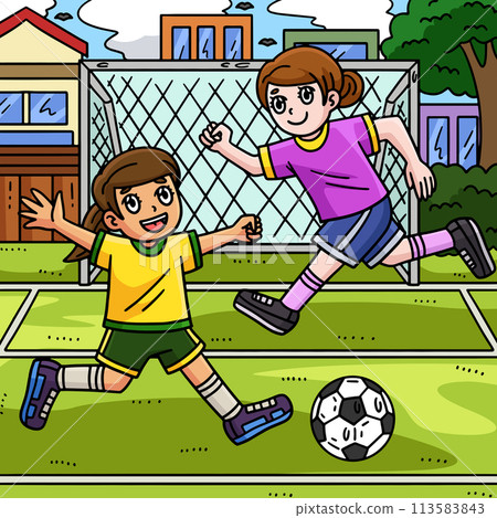 Girls Playing Soccer Colored Cartoon Illustration 113583843