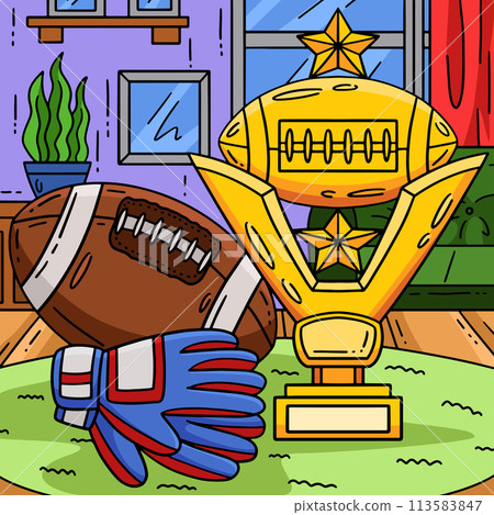 American Football and Trophy Colored Cartoon American Football and Trophy Colored Cartoon 113583847