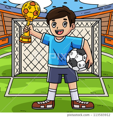 Boy with Soccer Trophy Colored Cartoon Boy with Soccer Trophy Colored Cartoon 113583912