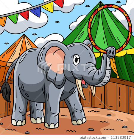Circus Elephant with Hula Hoop Colored Cartoon Circus Elephant with Hula Hoop Colored Cartoon 113583917
