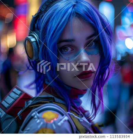 Futuristic Cyberpunk Cosplayer with Vibrant Blue Hair Futuristic Cyberpunk Cosplayer with Vibrant Blue Hair 113583934