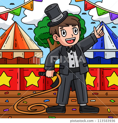 Circus Ring Master with Whip Colored Cartoon  113583936