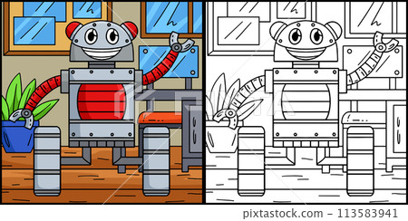 Robot with Wheels Coloring Page Illustration 113583941