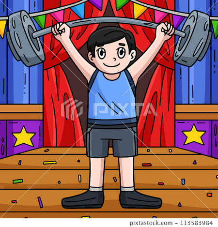 Circus Man with Barbell Colored Cartoon  113583984