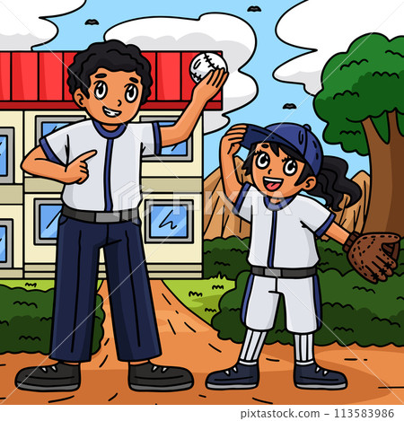 Baseball Girl Player and Parent Colored Cartoon  113583986