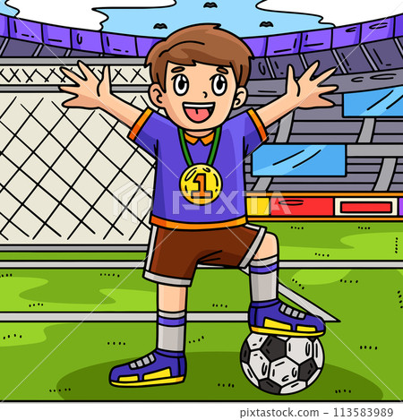 Soccer Boy Wearing a Medal Colored Cartoon 113583989