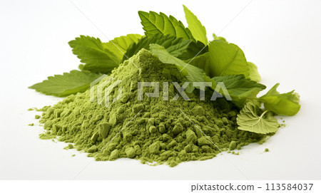 Powdered mint with fresh mint leaves on white background. generate AI 113584037