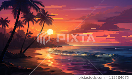 Sunset on the beach with palm trees. Vector Illustration. Generate AI 113584075