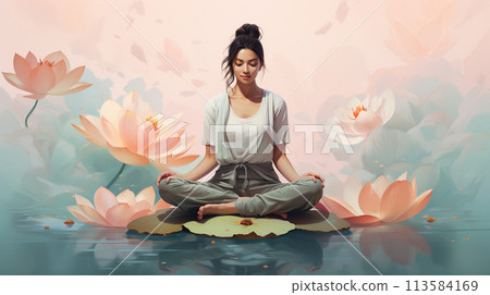 Woman meditating in lotus flower garden with lotus flower background , Generate AI 113584169
