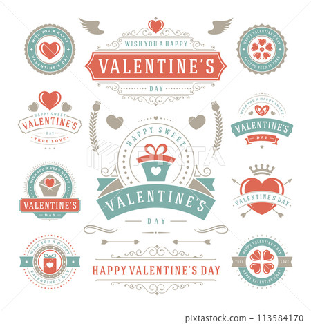 Valentine's Day Labels and Cards Set, Heart Icons Symbols, Greetings Cards, Silhouettes 113584170